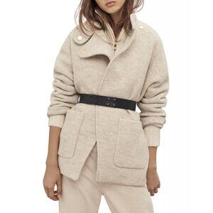 BA&SH BASH Beige 100% Wool CALVI High Neck Leather Belted Jacket Coat 0 / XS